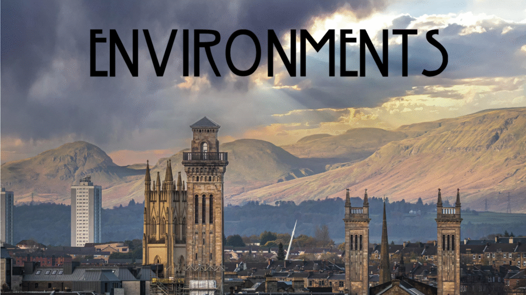 Glasgow skyline with mountains in the background and the word "Environments" running across a cloudy sky at sunset